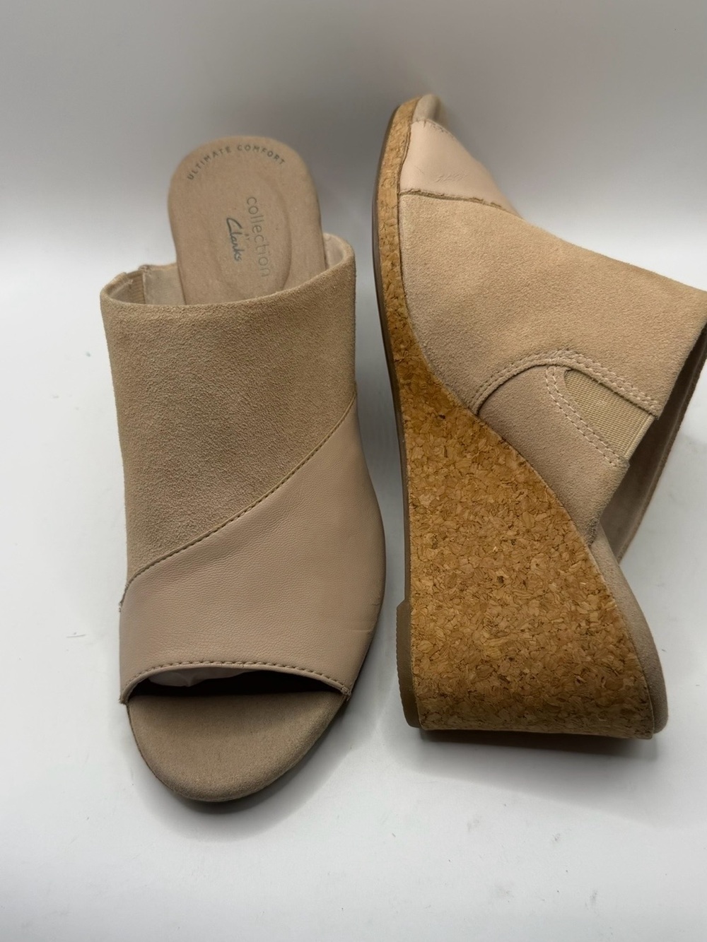 Clarks Collection Lafley Wave Open-Toe Cork Wedge Mule in Beige